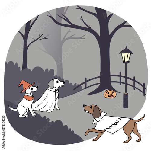 Three adorable cartoon dogs dressed in halloween costumes including a witch hat ghost costume and a spooky cape enjoying a moonlit park with a jack o lantern