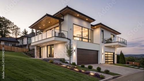 Modern luxury residence with expansive windows and wood accents at dusk