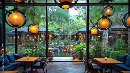 Elegant restaurant interior with nature view and hanging lanterns during evening illumination