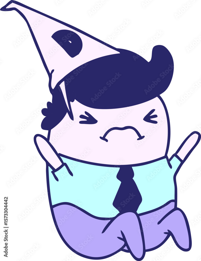 Naklejka premium Hand drawn cartoon kawaii man in dunce hat in bright neon color