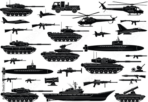 Military vehicles and weaponry vector illustration, a comprehensive collection of war machines including tanks, aircraft, helicopters, ships, submarines, and firearms for defense and combat design.