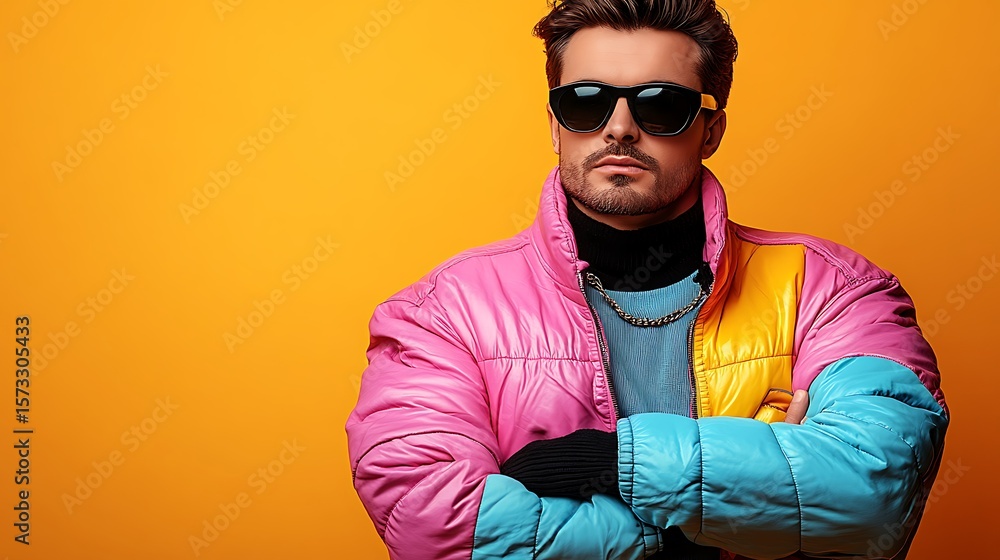 Obraz premium Stylish man in a vibrant, colorful puffer jacket.
