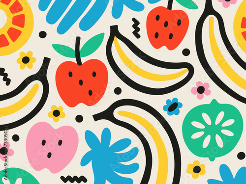 Vibrant abstract fruit pattern with bananas apples and flowers