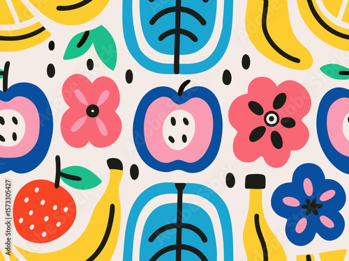 Vibrant folk art style fruits and flowers pattern with bold colors