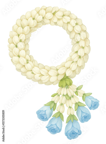 Watercolor Thai Jasmine Garland with Blue Rose Tails 