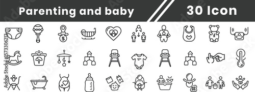 Parenting,child and Baby feeding problem line icon set. Vector pictograms of food, allergy, colic, reflux, spit, crying, discomfort, hot, cold, temperature, spoon, thin linear illustration.