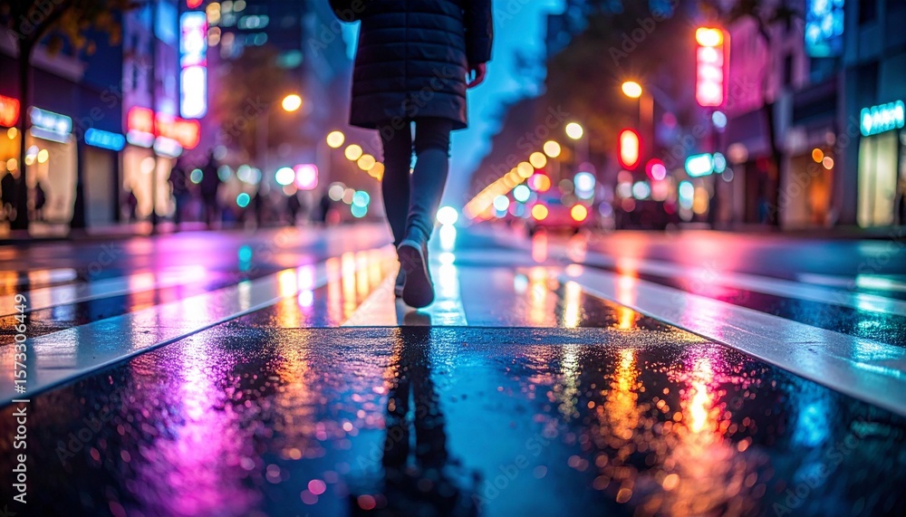 Fototapeta premium Night Reflections: A person strolls down a rain-slicked street at night, neon lights casting vibrant reflections on the wet surface.