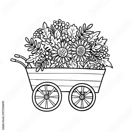 Doodle of a vintage cart filled with flowers and leaves  