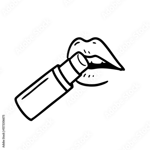 Doodle of lip balm being applied to dry lips in a black and white sketch  