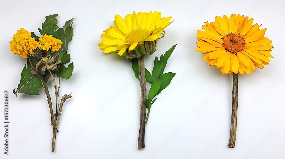 Fototapeta premium Three dried yellow flowers against a white background.