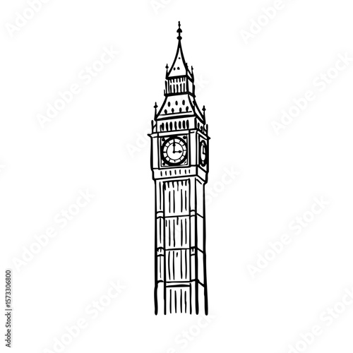 Black and white sketch of Big Ben clock tower in London  