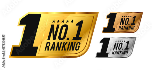 No. 1 Ranking Award Badges. Number one rank icon. Number 1 golden label. For logo, insigna, seal, tag, sign, symbol, stamp, sticker, emblem, banner. Vector Illustration
