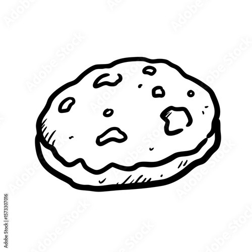 Black and white sketch of a cookie with chocolate chips  