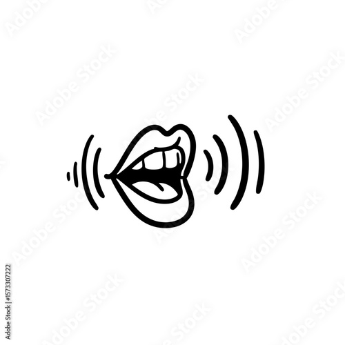 Black and white doodle of a mouth producing sound waves  