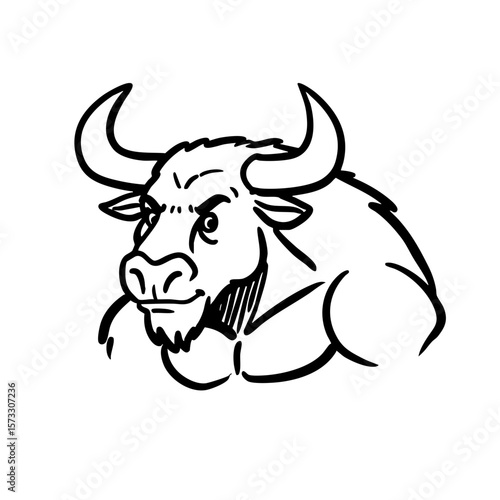 Minotaur doodle with muscular build and prominent horns in black and white  