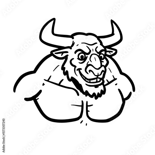 Minotaur doodle with muscular build and angry expression  