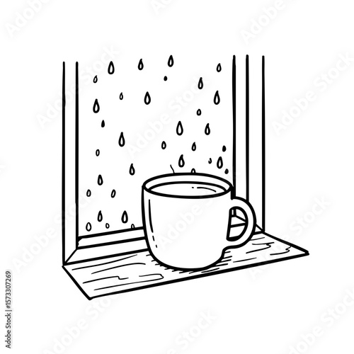 Black and white sketch of a mug on a wooden windowsill with rain  