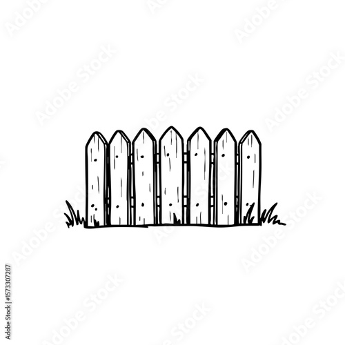 Black and white sketch of a picket fence with grass  