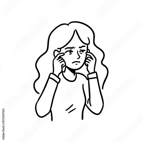 Young woman rubbing itchy eyes in black and white sketch  