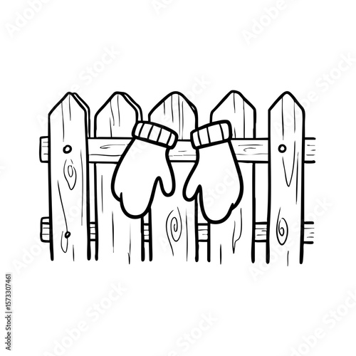 Wool gloves hanging on wooden fence in black and white sketch  