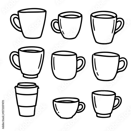 Black and white sketch of various coffee cups and mugs  