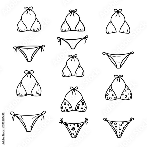 Doodle of various bikini designs in black and white sketch style  