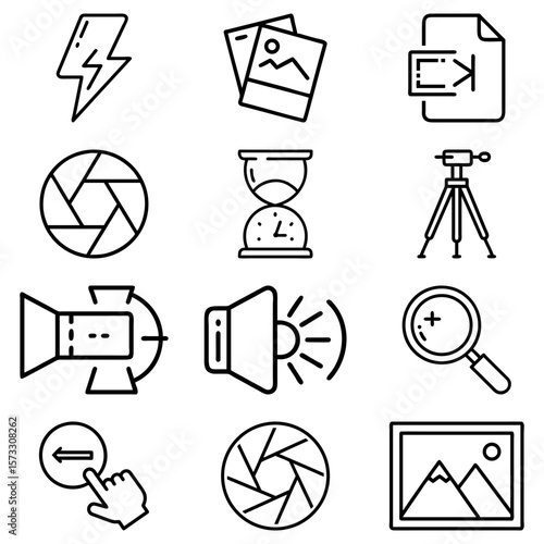 Collection of diverse photography and media icons arranged in a neat and organized grid layout set