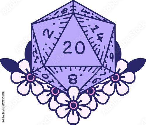 Retro Tattoo Style natural 20 D20 dice roll with floral elements in bright neon color