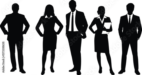 Professional Business People Silhouettes Group, Diverse Men and Women in Corporate Attire, Standing Poses, Teamwork and Success Vector Set