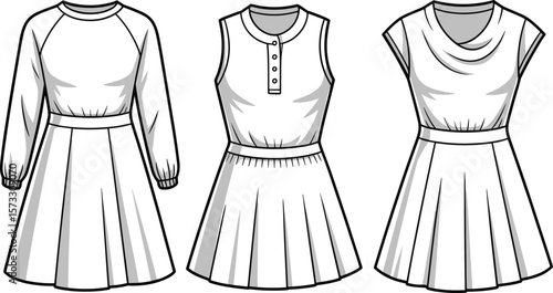 Assorted women's casual dresses: long sleeve, sleeveless button-front, and cap sleeve cowl neck, comfortable and versatile fashion, CAD drawing flat vector illustration, design resource.
