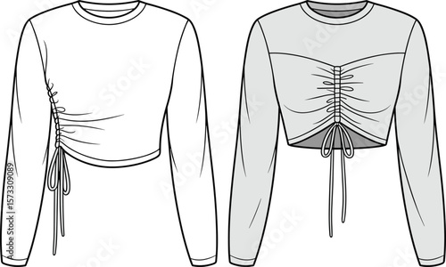 Feminine cropped long sleeve top with stylish side ruched drawstring and chest gathering details, trendy casual wear, CAD drawing flat vector illustration.