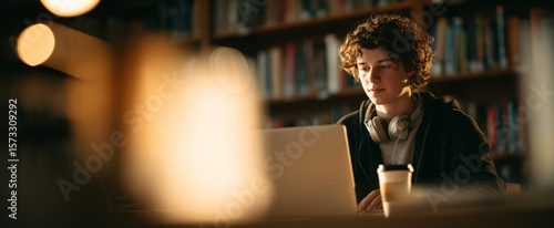 A young man is deeply focused on his laptop while sitting in a library. He wears headphones and has a coffee cup nearby. The warm light creates a cozy atmosphere.