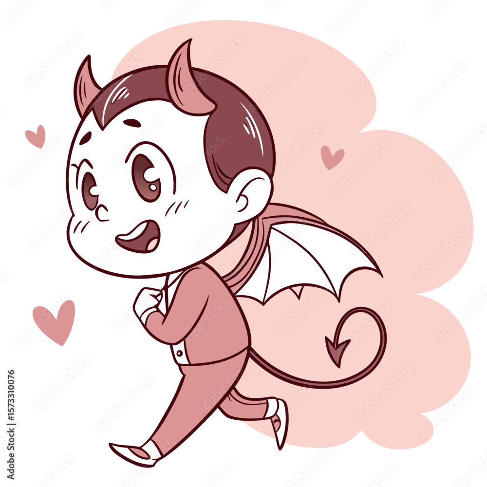 Illustration of a cartoon devil boy in a pink suit running with hearts and a cloud background design Illustration of a cartoon devil boy in a pink suit running with hearts and a cloud background design