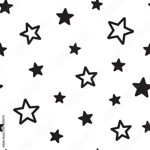 Star seamless pattern. Repeating black stars isolated on white background. Repeated simple prints for design. Abstract monocrome lattice. Repeat sample. Geometric random texture.