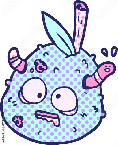 cartoon rotting old pear with worm in bright neon color