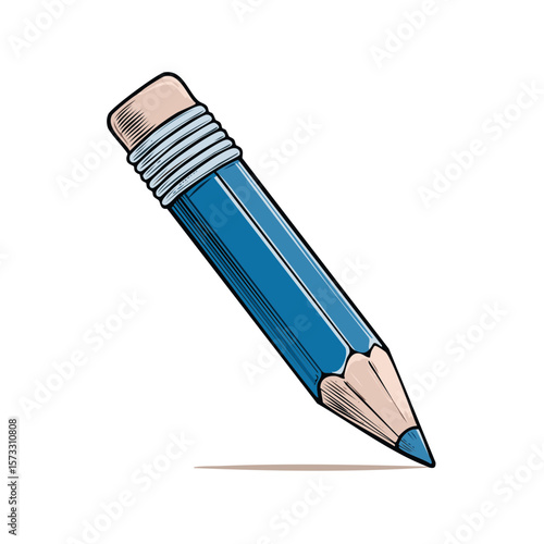 Illustration of a blue graphite pencil with an eraser at the end in a sketch style suitable for school and office use