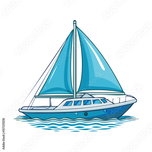 Illustration of a Sailboat on Ocean Waves with Blue Sails and a White Hull