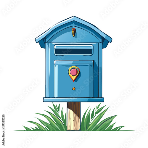 Blue Cartoon Mailbox with a Location Pin Symbol and Green Grass on White Background for Delivery Service