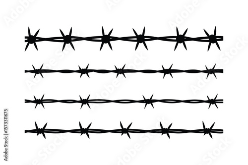A set of seamless horizontal barbed wire silhouette vector illustration