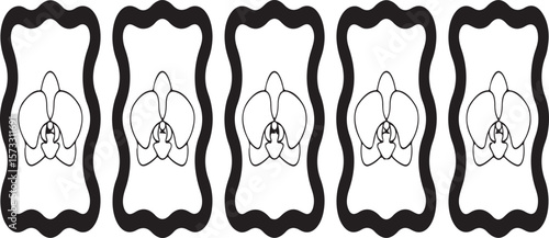 Minimalist black and white outline of five orchid flowers in wavy frames