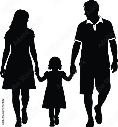 Happy Family Silhouette Walking Hand in Hand, Parents and Child Together, Love and Parenthood, Family Bond, Joyful Moment Vector