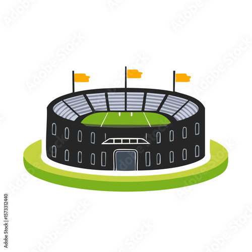 Illustration of a sports stadium with flags, fields and gray tiered seating