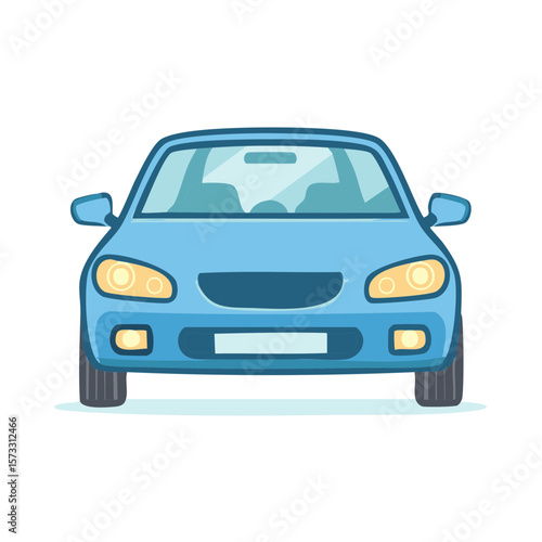 Blue vehicle front view illustration, family car, compact auto with headlights on, transportation