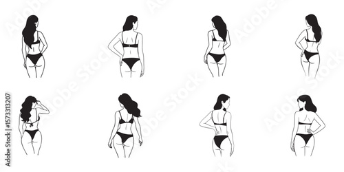 Bikini back view female illustrations collection for fashion design beach graphics and summer projects