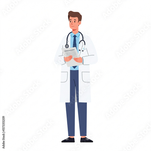 A friendly doctor stands holding a clipboard, ready to assist patients.
