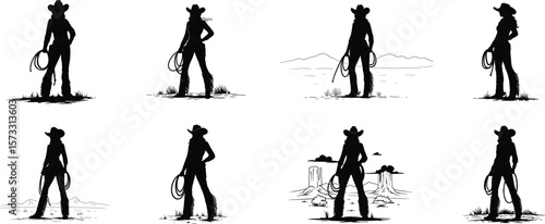 Cowgirl Silhouette Set - Vector Western Woman with Lasso and Desert Landscape