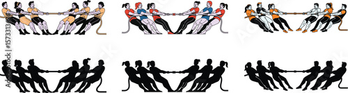 Tug of war silhouette set. Vector illustration of people pulling a rope in competition. Business concept of conflict, teamwork, and struggle.