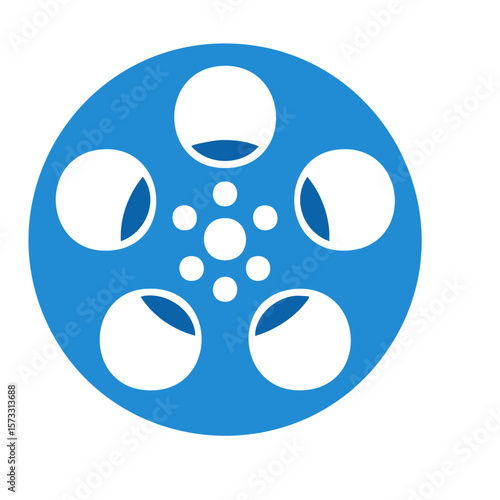 Blue film reel icon. Video production, cinematography symbol. Movie industry illustration.