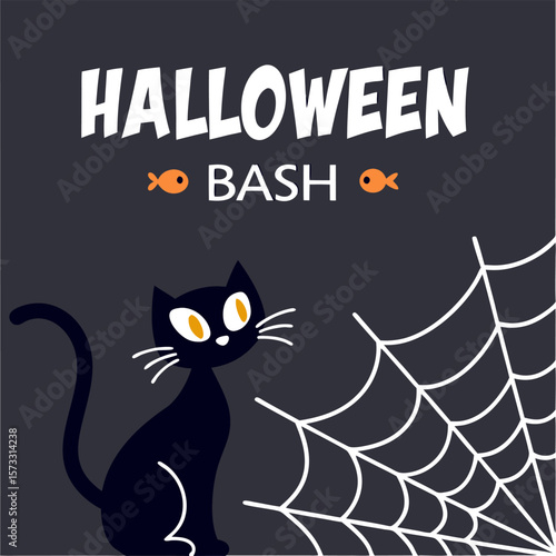 Illustration for halloween bash featuring a black cat and a spider web on a dark gray background design