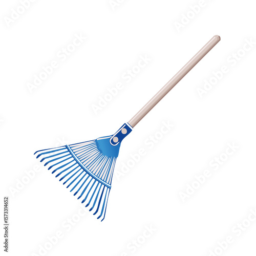 Illustration of a blue leaf rake with wooden handle for garden work and autumnal cleanup